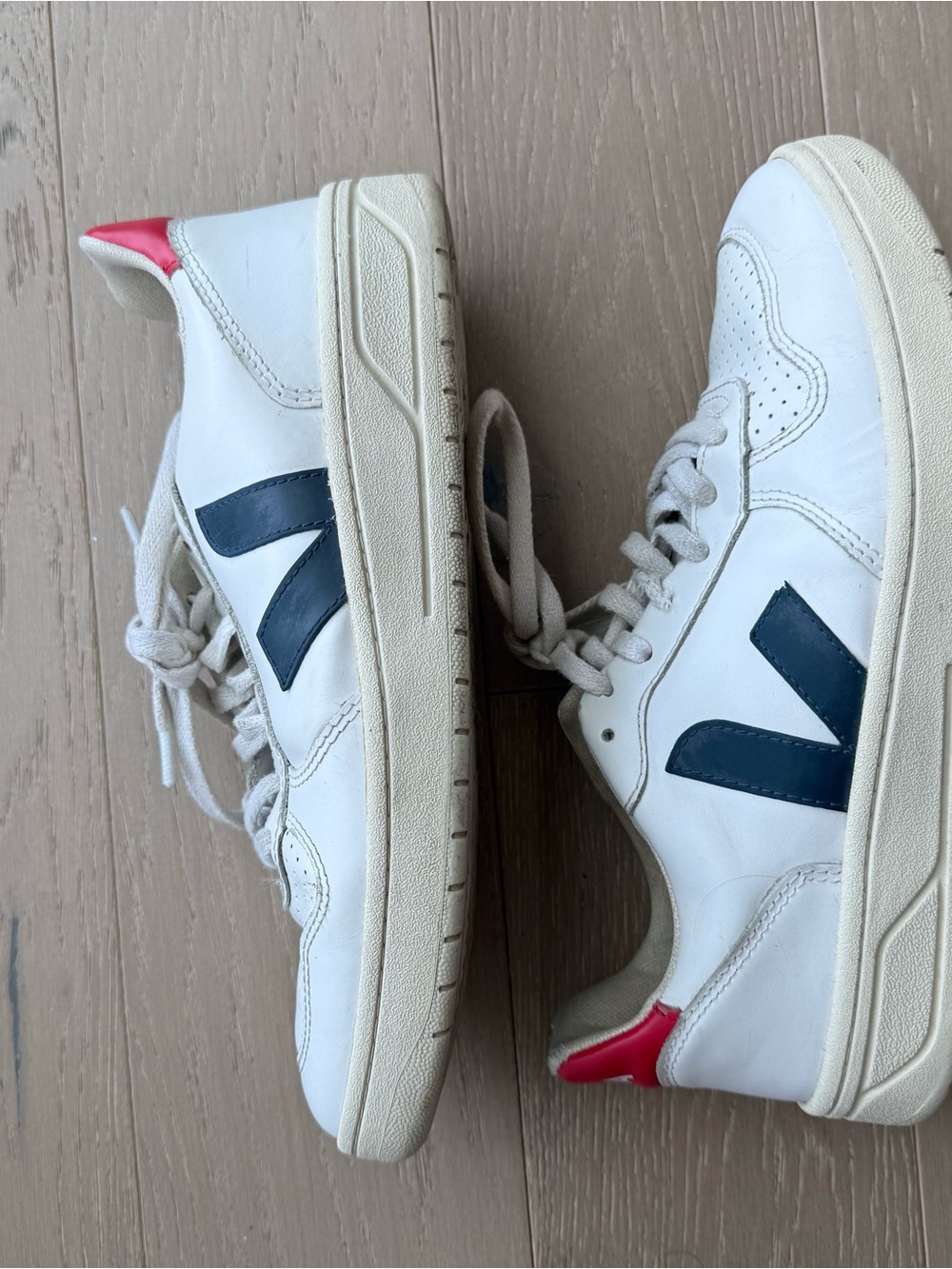 Veja White Sneakers with Navy V and Red Heel